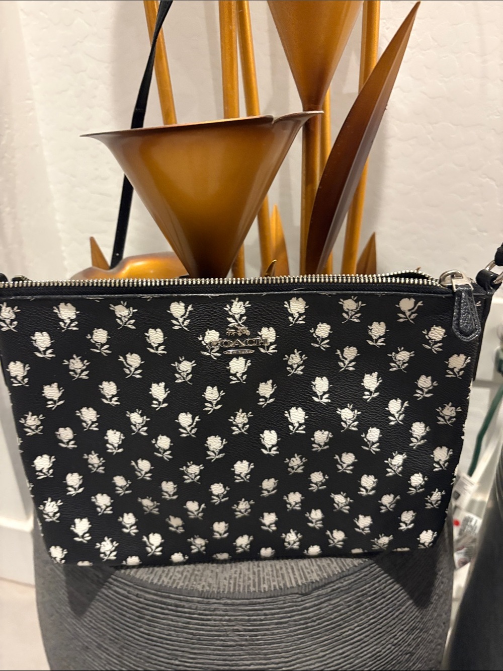 Coach Black Crossbody with Silver Rose Motif
